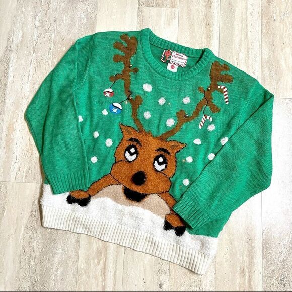 Light Up Reindeer Snow Ugly Christmas Sweater 407 - Picture 1 of 11